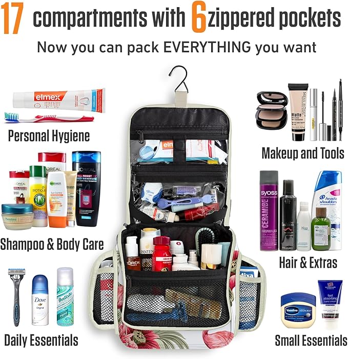 VENTURE 4TH Hanging Travel Toiletry Bag for Women & Men - Travel Organizer with Expandable Compartments & Removable Clear Pouch for Toiletries (Pink Flamingo)