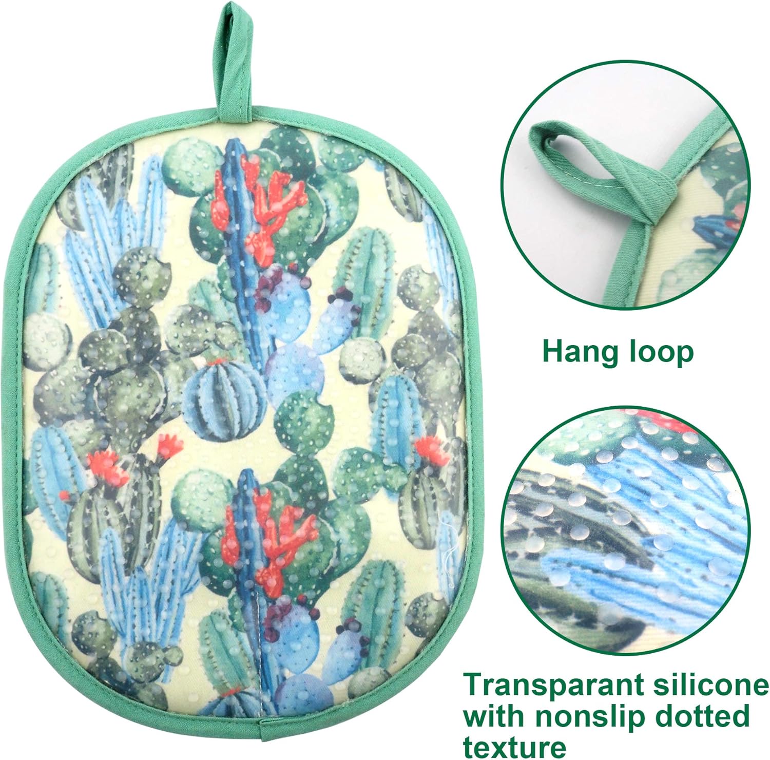 Pot Holders Set of 2 with Transparent Clear Silicone Shell and Nice Cactus Flower Cotton Lining, Heat Resistant to 500 F Kitchen Oven Gloves Pot Holder for Cooking (Cactus Flower, Potholders)