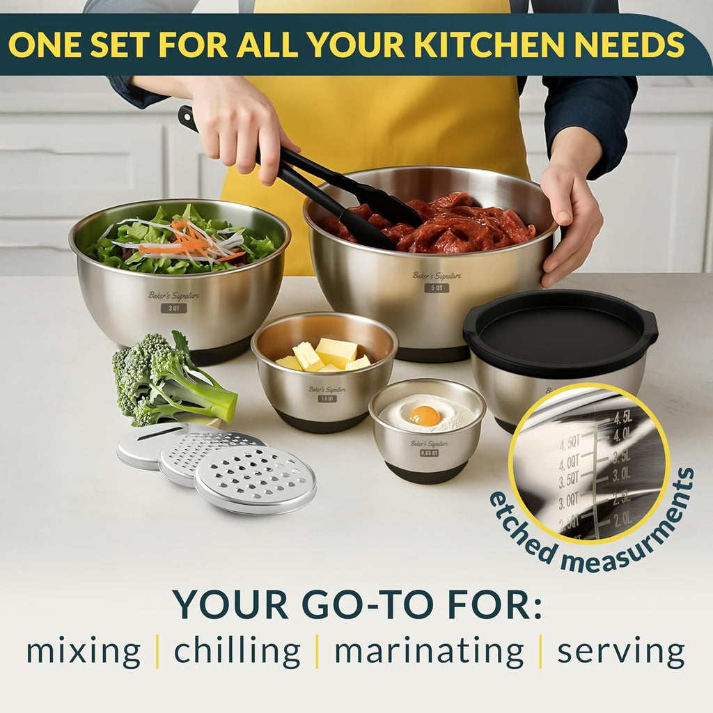 Stainless Steel Mixing Bowls with Lids Set, 5 Sizes, 3 Graters, Non-Slip Base, Airtight Lids, Metal Mixing Bowls for Kitchen, Food Prep, Storage, 0.63QT-5QT, Black