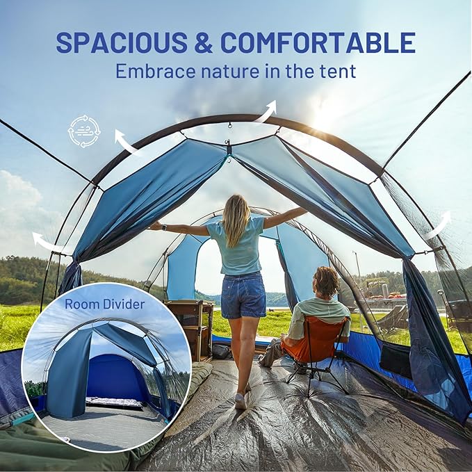 TIMBER RIDGE 8 Person Camping Tent with Large Porch, Portable Waterproof Windproof Family Tent with Rainfly Carry Bag Room Divider, Easy Set-up Tent with Excellent Ventilation for Camping, 3 Season