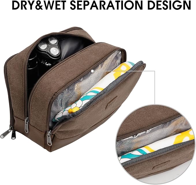 WANDF Travel Toiletry Bag for Men Large Toiletries Shaving Bag Water Resistant Hanging Dopp Kit Travel Accessories Bag for Women Men (Brown)