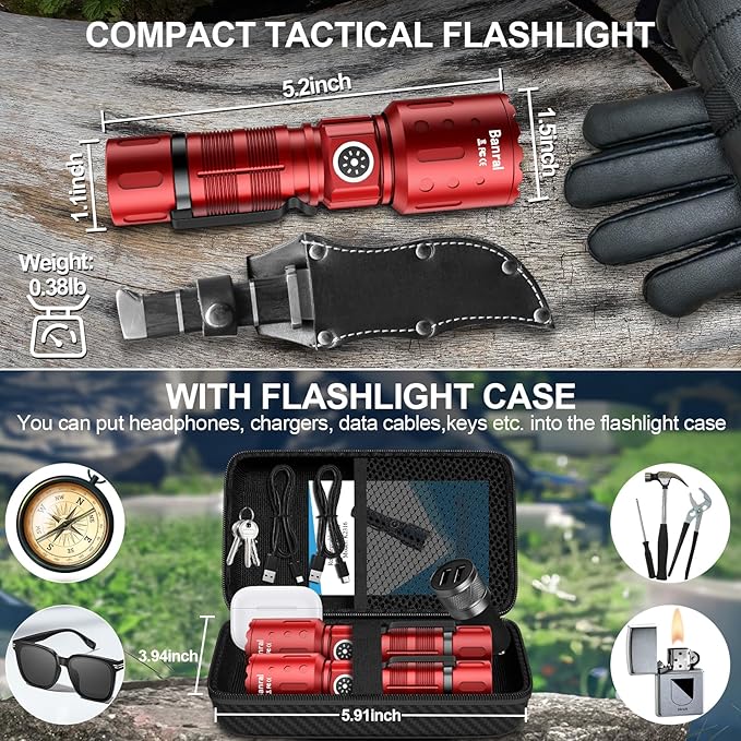 Flashlights High Lumens Rechargeable, 20,000 Lumens Super Bright 1500 Meters Long Range Small Powerful Flashlight, 6 Modes LED Tactical Pocket Waterproof Flash Light for Home Emergency (2, Red)