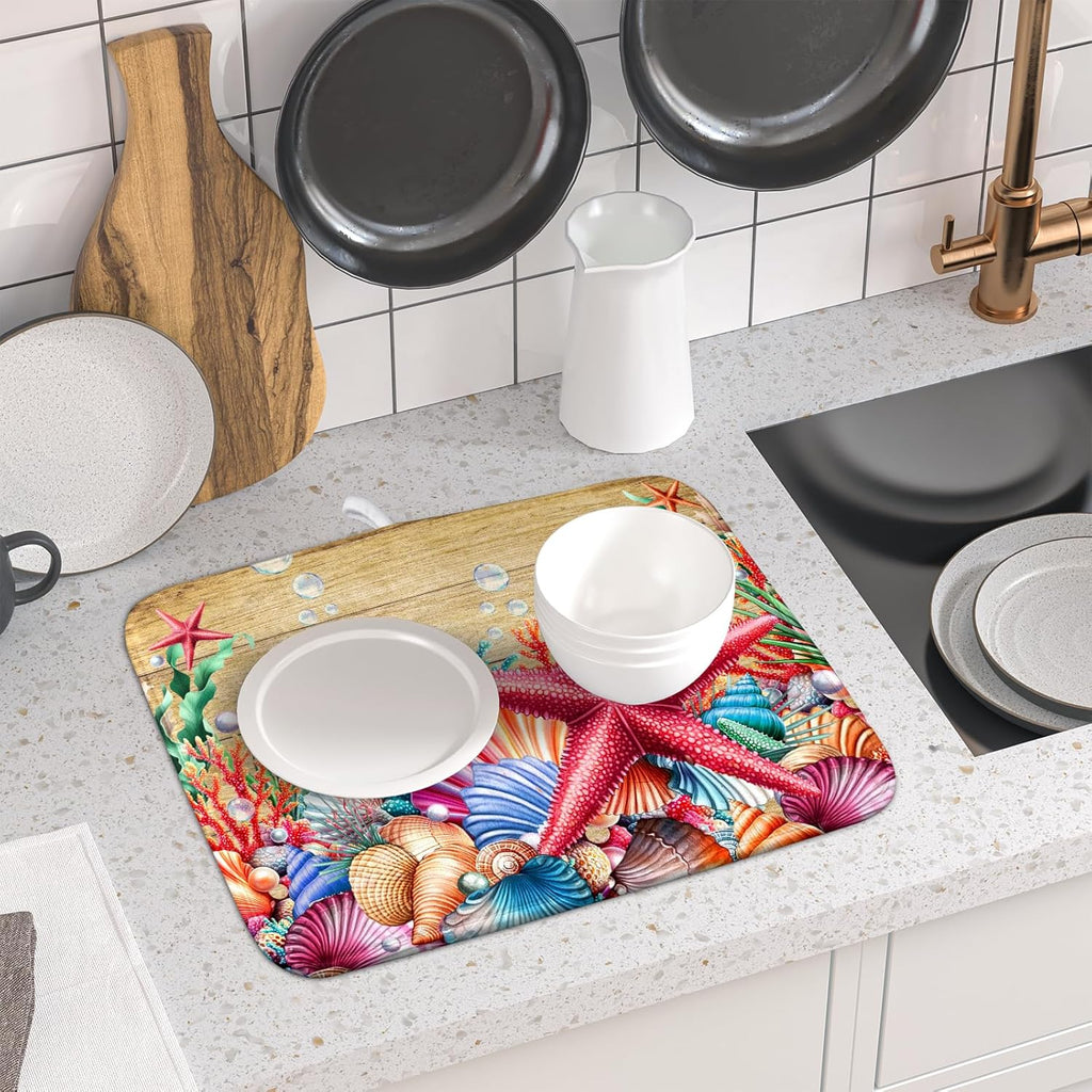 Summer Ocean Dish Drying Mat - Starfish Seashells Absorbent Kitchen Countertop Drying Pad 16 X 18 Inch