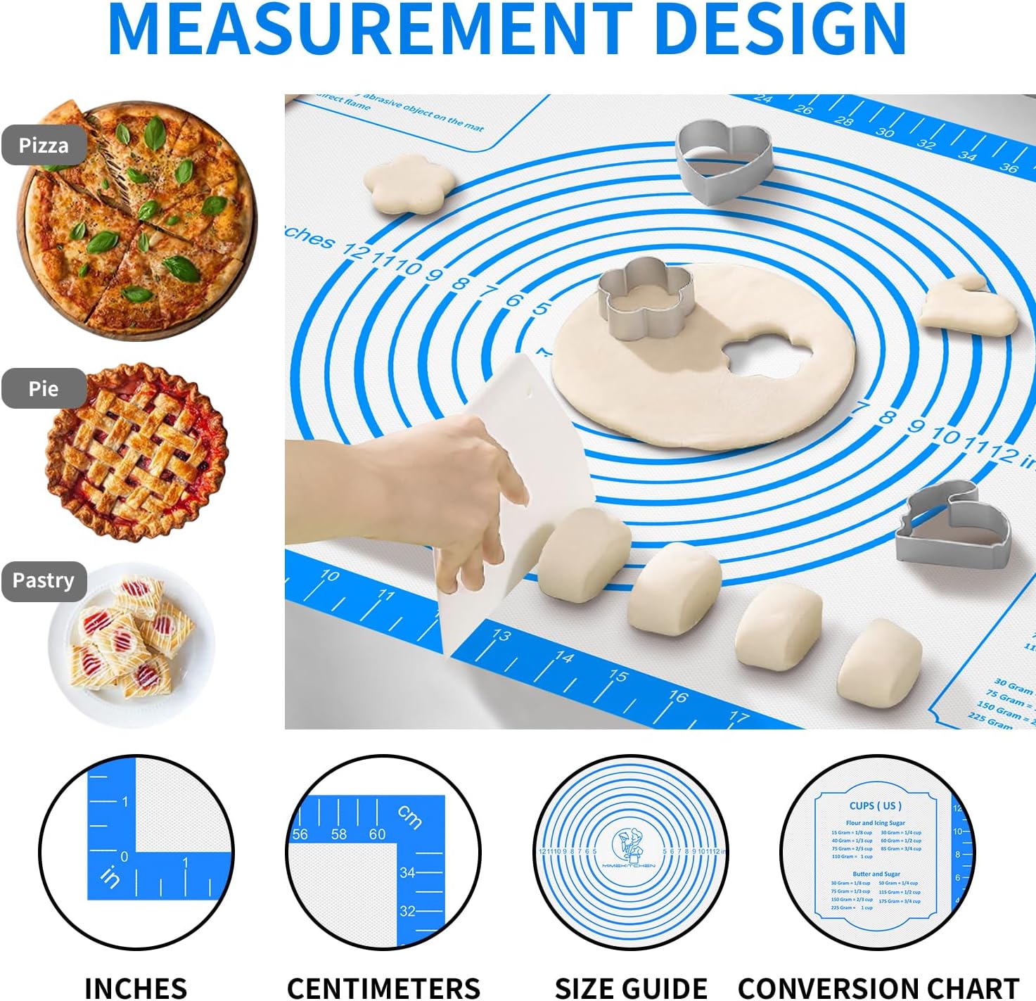 Silicone Pastry Mat for Dough Rolling,Silicone Baking Mat with Measurement for Baking Pie Crust, Pizza & Cookies, Non stick & Non Slip Silicone Mat