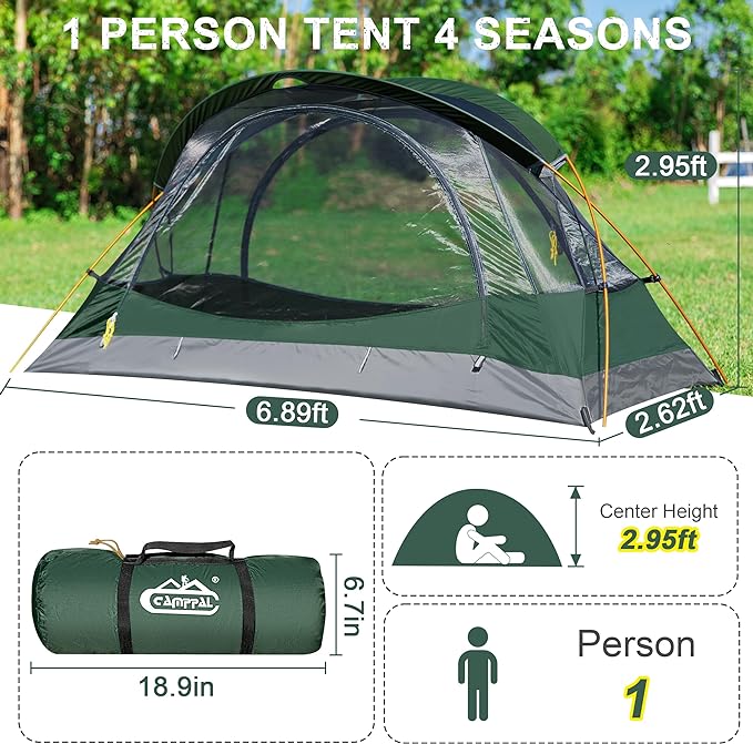 1 Person Backpacking Tent, Waterproof 4 Season Tent, Lightweight Cold Weather Tent Easy Setup for Winter Hiking, Camping, Hunting