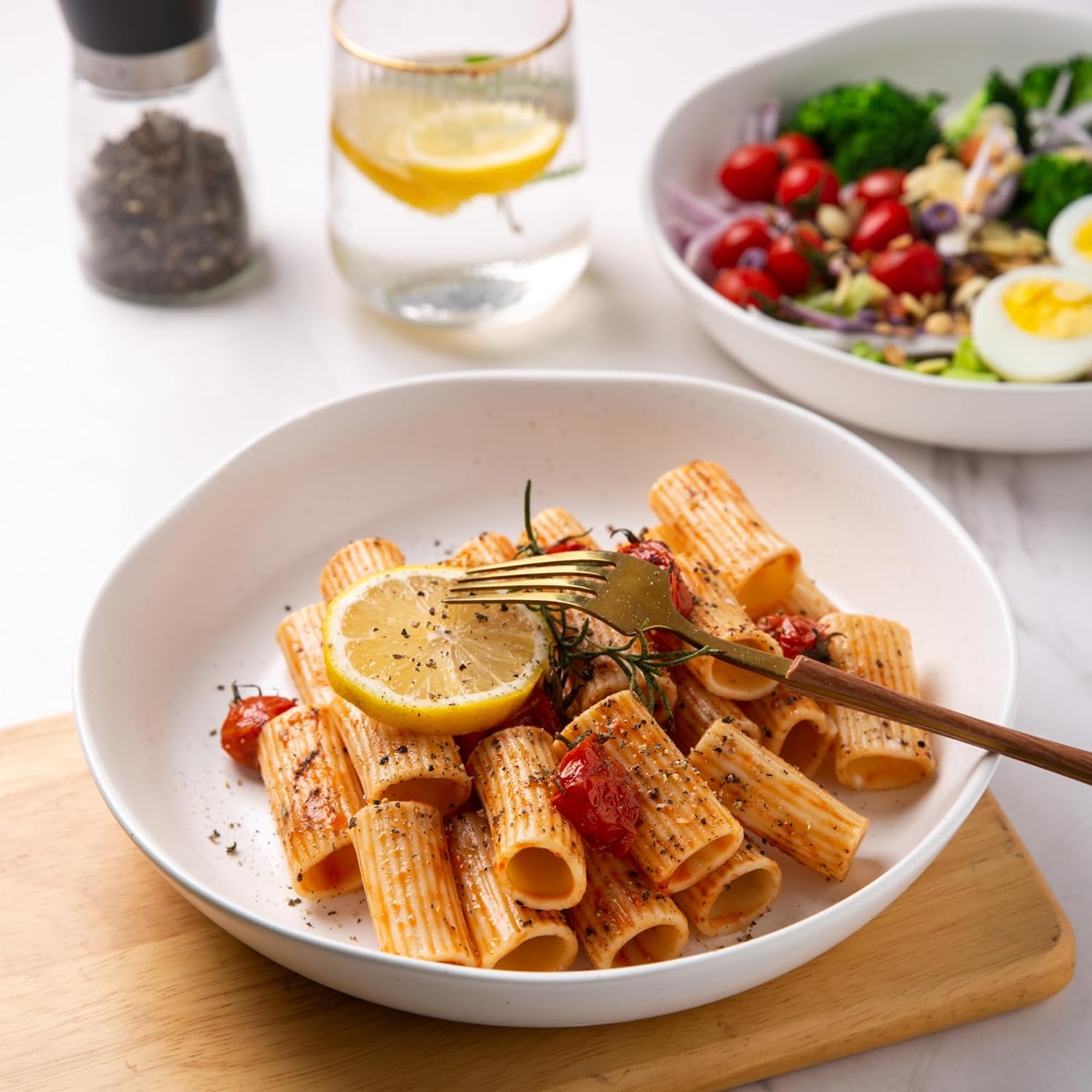 AmorArc 9.75'' Speckled Large Ceramic Pasta Bowls, 38oz Stoneware Bowls Set of 4, Oven, Microwave&Dishwasher Safe Bowls with Wavy Rim for Fruit Pasta Salad Meal, Matte Speckled White