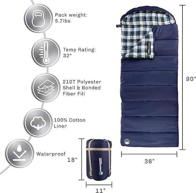 Sleeping Bag - 32F Comfort Rated 3-Season Envelope-Style Sleep Bag with Hood for Backpacking, Hiking, and Camping by Wakeman