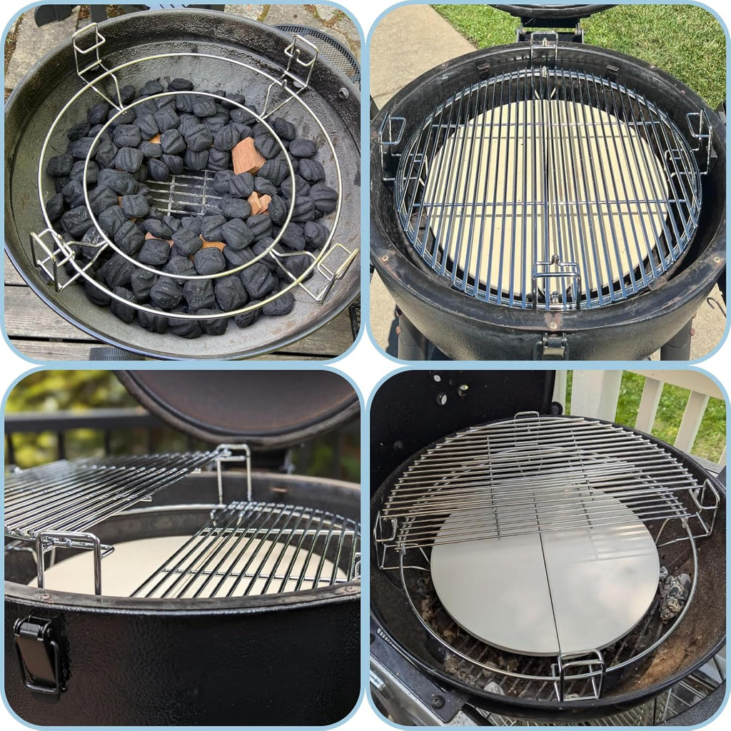 Multi-Level Cooking Grates with Ceramic Heat Deflectors, System Kit for Large Big Green Egg, BGE Kamado Joe Classic, Char-Griller Akorn 18" Charcoal Grill
