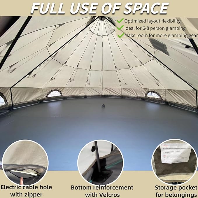 DANCHEL OUTDOOR B2A Waterproof Roomy Interior Yurt Tent, No Center Pole Bell Tent 4/8 Person Family Camping Glamping, 4 Season Hot Tents with Stove Jack 300D Oxford Nylon, 13ft/16.4ft Khaki
