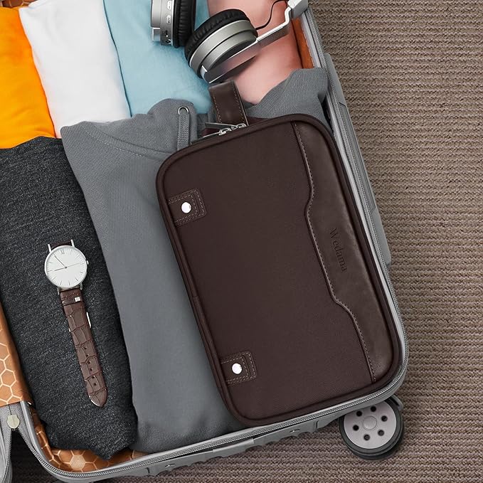 Wedama Toiletry Bag for Men, Medium Hanging Travel Toiletry Bag, Extra Electronic Organizer Bag Waterproof Shaving Bag for Toiletries with PU Handle for Travel Business Trips Swim Camping, Brown