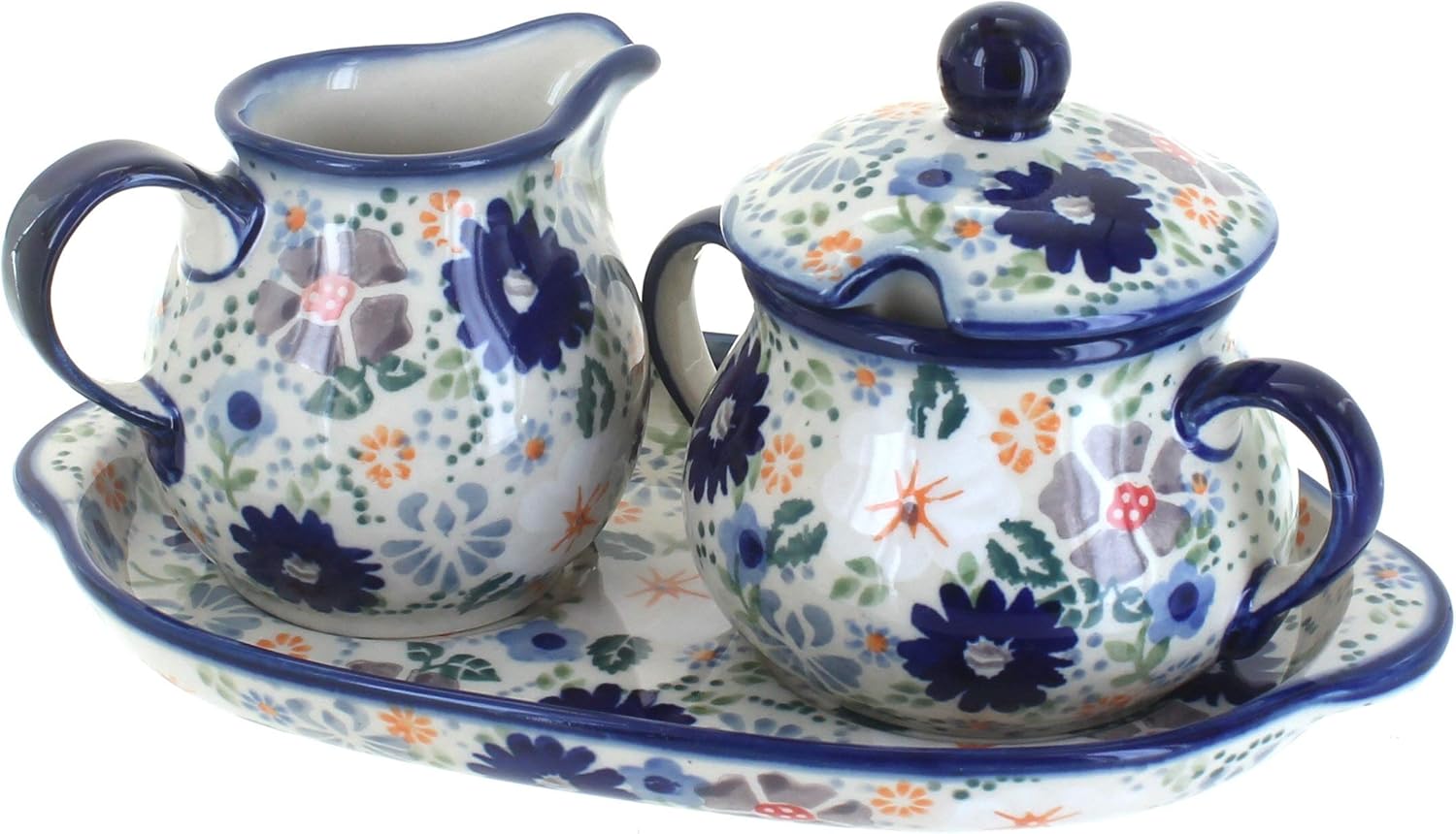 Blue Rose Polish Pottery Carnival Sugar & Creamer with Tray