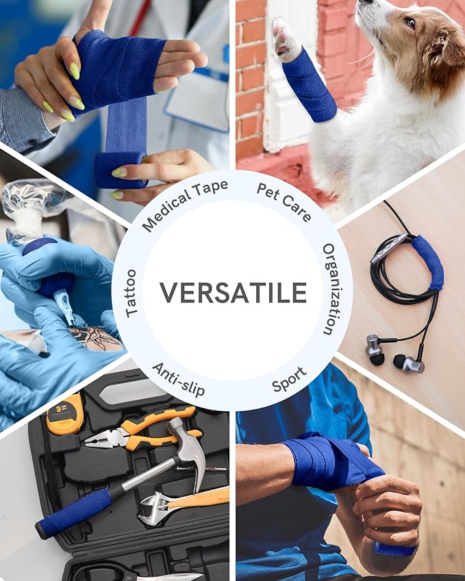 FriCARE Self Adhesive Bandage Wrap, Medical Tape in First Aid Kit, Cohesive Bandages for Wounds Sport Vet, FSA/HSA Eligible, 2 Inches X 5 Yards 6 Rolls, Royal Blue
