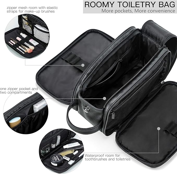 Elviros Toiletry Bag for Men, Large Travel Shaving Dopp Kit Water-resistant Bathroom Toiletries Organizer PU Leather Cosmetic Bags