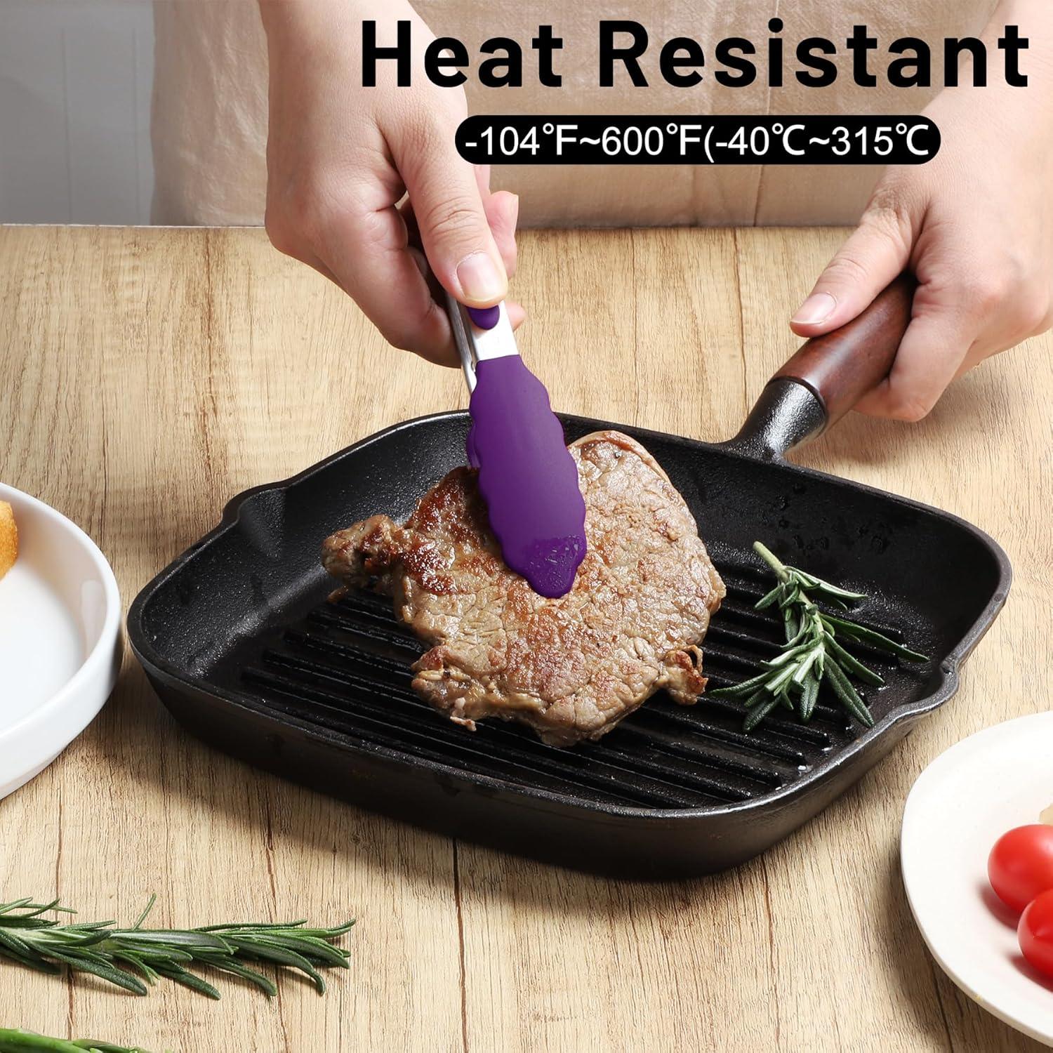 Hotec Mini Silicone Kitchen Tongs for Cooking - 7-Inch Small Serving Tongs with Silicone Tips, Set of 3 (Purple)