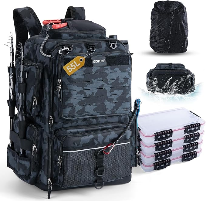 Goture IPX EVA Bottom Fishing Tackle Bag with Rod Holder, Waterproof 600D Fishing Backpack with 8 Lure Pockets & Rain Cover