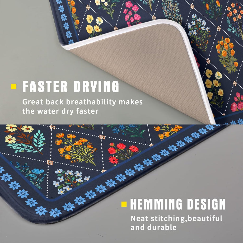 Lapis Blue Dish Drying Mat for Kitchen Counter Flowers Microfiber Absorbent Dish Draining Reusable Washable Small