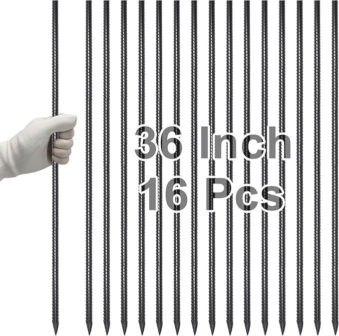 VVOKGO 36 Inch Ground Rebar Stakes (16 pcs), Heavy Duty Hook Ground Anchors, Steel Plant Support Garden Stake with Chisel Point end Black Plastic Spraying for Anti-Rust