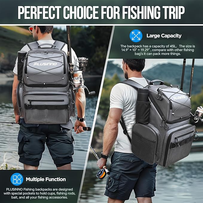 PLUSINNO Cooler Fishing Backpack with Rod Holders 45L Large Water-resistant Fishing Tackle bag Store Fishing Gear Fishing Gifts for Men Father