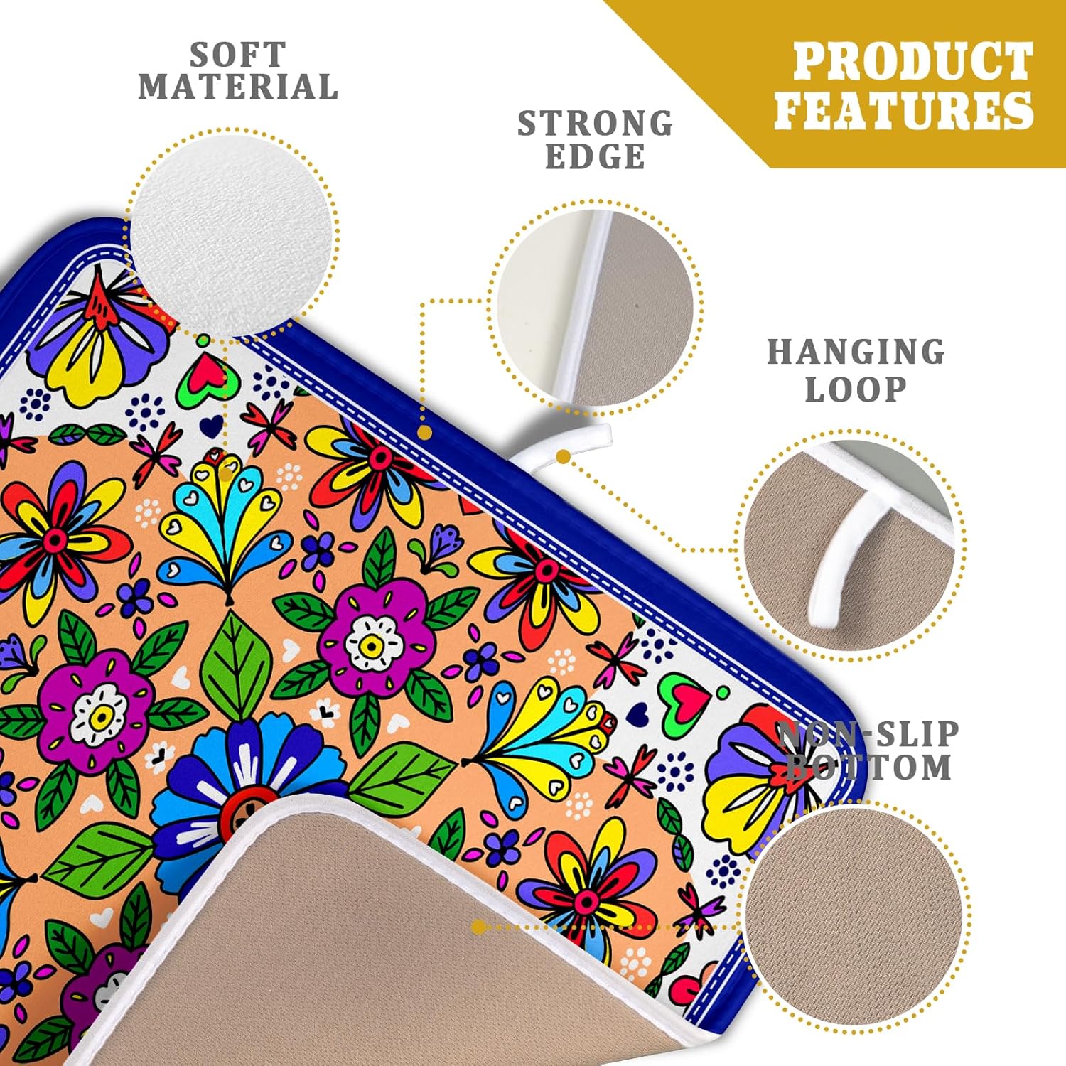 Mexican Talavera Dish Drying Mat Navy Blue Microfiber Dish Drain Pad for Kitchen Decor