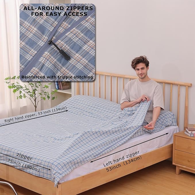100% Cotton Sleeping Bag Liner with Full Length Zipper on 3 Sides; Single/Double Adult Sleep Sack for Travel & Camping, Multifunctional Travel Sheets (Unzipped 87”x87”) for Hotel, Lightweight