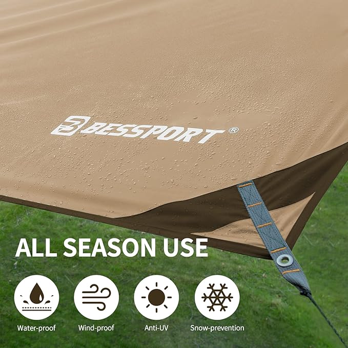 Bessport Camping Tarp, 16×9.8FT with 2 Poles, Portable Multifunctional Backpacking, PU 3000mm Waterproof Rain Fly Hammock Tarp for Outdoor,Traveling, Hilking