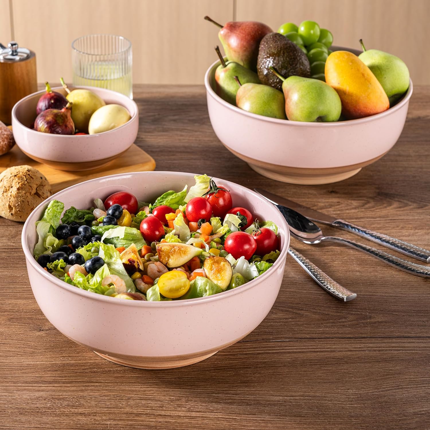 AmorArc 9.8’’ Ceramic Serving Bowls, 95 OZ Extra Large Salad Bowls Set of 2, Stoneware Oversized Bowls with Rustic Terracotta Underside for Salad, Soup and Dinner. Large Bowls for Entertaining &Gift