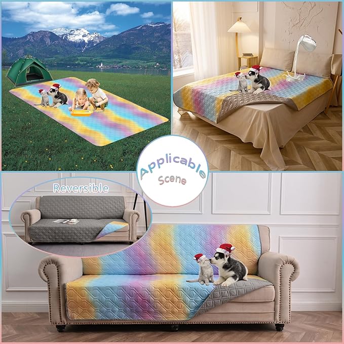 100% Waterproof Dog Bed Cover 30x70 inch Reversible Changing Pad Reusable Camping Mat for Kids/Pet/Dog/Cat Washable Geometric Embroidery Blanket Patchwork Rainbow Ombre Printed+Gray
