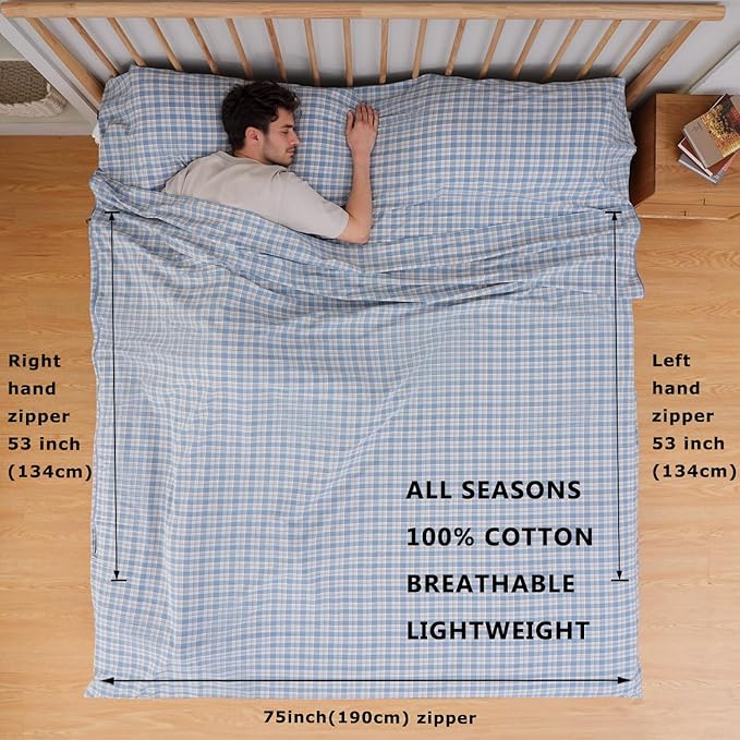 100% Cotton Sleeping Bag Liner with Full Length Zipper on 3 Sides; Single/Double Adult Sleep Sack for Travel & Camping, Multifunctional Travel Sheets (Unzipped 87”x87”) for Hotel, Lightweight