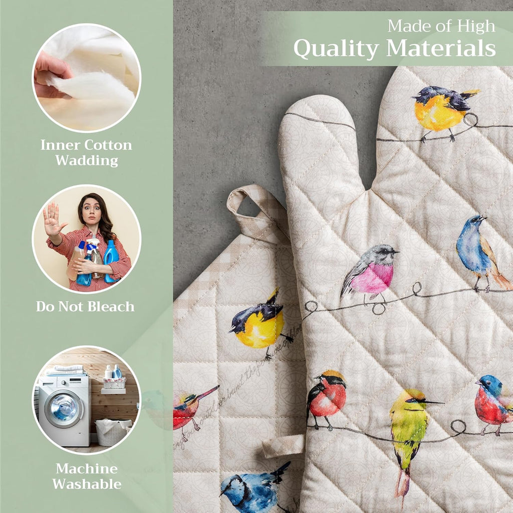 Maison d' Hermine 100% Cotton Oven Mitt & Pot Holder Set (7.5"x13" & 8"x8") Heat Resistant BBQ Cooking Gloves with Loop, Baking, Grilling, Kitchen, Handling Hot Pans Spring/Summer (Birdies On Wire)