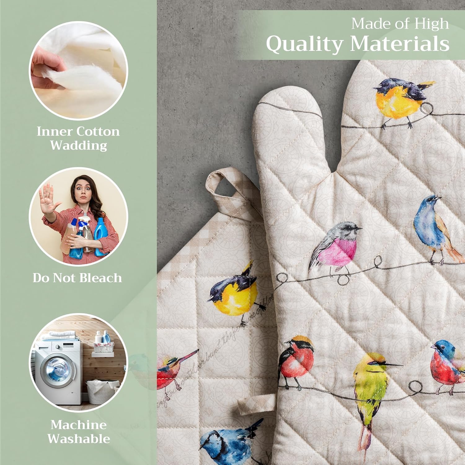 Maison d' Hermine 100% Cotton Oven Mitt & Pot Holder Set (7.5"x13" & 8"x8") Heat Resistant BBQ Cooking Gloves with Loop, Baking, Grilling, Kitchen, Handling Hot Pans Spring/Summer (Birdies On Wire)