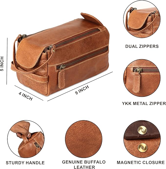 KomalC Premium Buffalo Leather Unisex Toiletry Bag Travel Dopp Kit