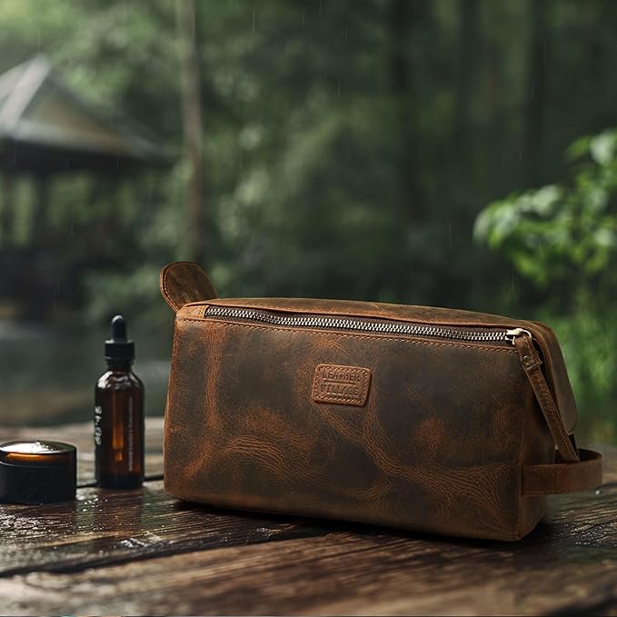 LEATHER VILLAGE Premium Leather Travel Toiletry Bag - Unisex Water-Resistant Travel Dopp Kit, Shaving & Cosmetic Organizer for Men & Women - Compact Bathroom Essentials - Rustic Brown