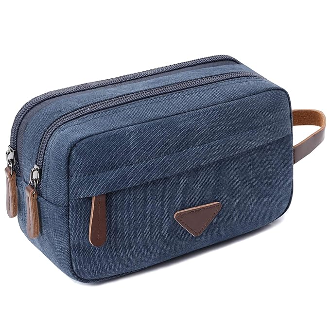 Mactso Mens Travel Toiletry Bag Canvas Leather Cosmetic Makeup Organizer Shaving Dopp Kits with Double Compartments (Blue 1)