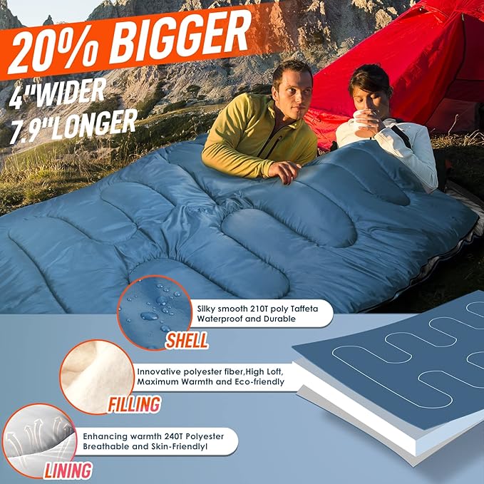 MEREZA Double Sleeping Bag for Adults Mens with Pillow, XL Queen Size Two Person Sleeping Bag for All Season Camping Hiking Backpacking 2 Person Sleeping Bags for Cold Weather & Warm