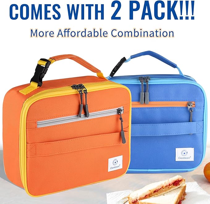 2 Packs Insulated Soft Lunch Bag With Double Zipper - Sturdy, Freezable and Reusable for Kids, Men - For School, Work, Outdoor (B-2pk Blue+Orange)