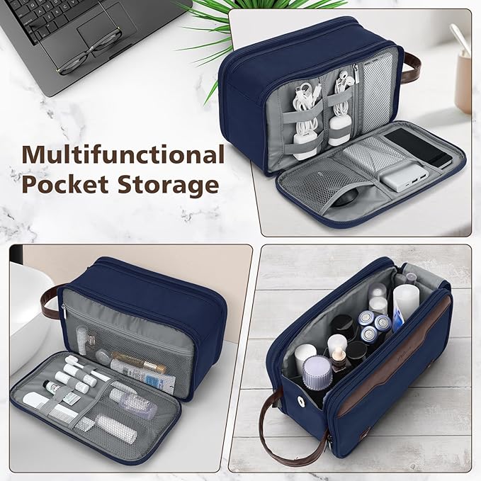 Wedama Toiletry Bag for Men, Large Hanging Travel Toiletry Bag, Extra Electronic Organizer Bag Waterproof Shaving Bag for Toiletries with PU Handle for Travel Business Trips Swim Camping, Blue