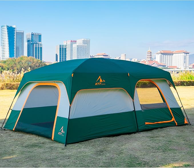 KTT Extra Large Tent 10-12-14 Person(A),Family Cabin Tents,2 Rooms,3 Doors and 3 Windows with Mesh,Straight Wall,Waterproof,Double Layer,Big Tent for Outdoor,Picnic,Camping,Family Gathering