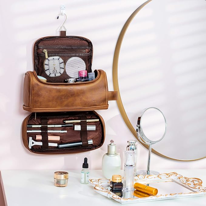 Elviros Toiletry Bag for Mens PU Leather Travel Organizer Kit with Hanging hook, Large Water-resistant Toiletries Bathroom Shaving Bags (Brown)