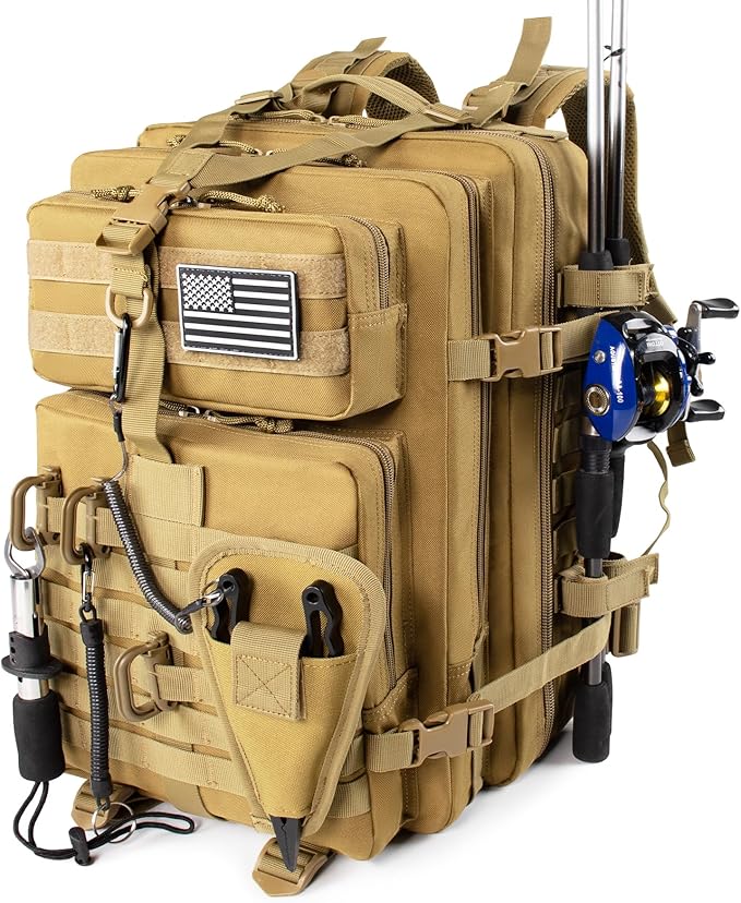 45l Large Fishing Tackle Backpack with Removable Plier Holder & Rod Holders, Khaki Tactical Bag, Fishing Gear and Tackle Box Organizer, Hiking Rucksack without Tackle Box