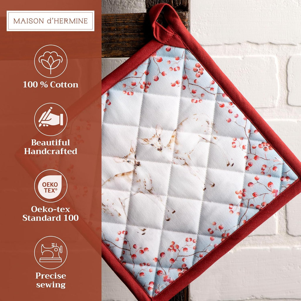 Maison d' Hermine Pot Holders Set 100% Cotton Heat Resistant Potholders 8" x 8" Hot Pads with Loop BBQ, Cooking, Baking, Grilling, Kitchen, Handling Hot Pans (Pack of 2, Fairytale Forest)