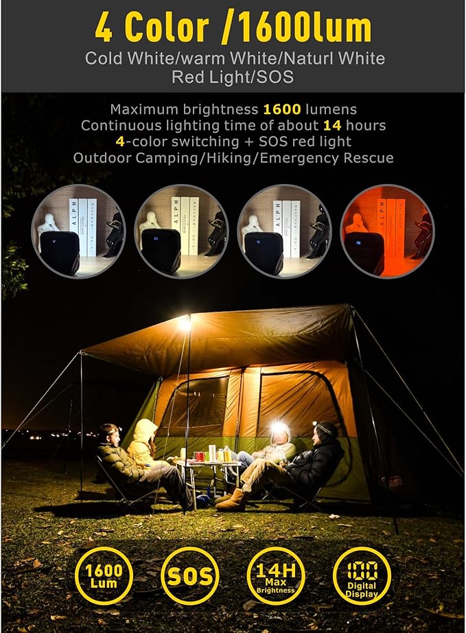 20000mAh Rechargeable LED Camping Lantern - 1600LM, QC3.0 22.5W, 4 - Color Switch, IPX5 Waterproof - Perfect for Camping, Hiking & Emergency Situations(Black)