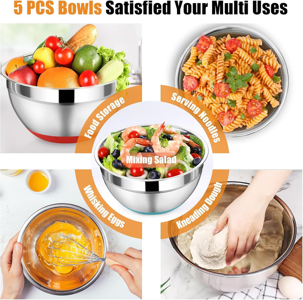 P&P CHEF Mixing Bowl with Lid Set, 5 Piece Stainless Steel Mixing Nesting Bowls for Salad Storage, 3 Grater Attachments & Non-Slip Bottoms, Size 1/1.5/2 / 2.6/4.6 QT, Multicolor