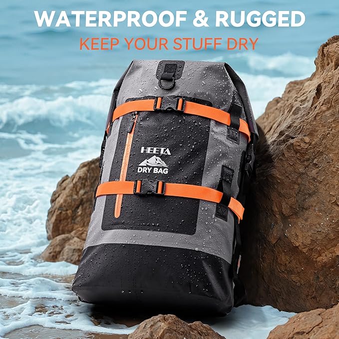 HEETA Waterproof Dry Bags Backpack 40L for Men & Women, Roll Top Heavy Duty Cushioned Hiking Backpack for Kayaking Boating Paddle Boarding Fishing Travel Camping Beach Vacation Cruise Ship Essentials