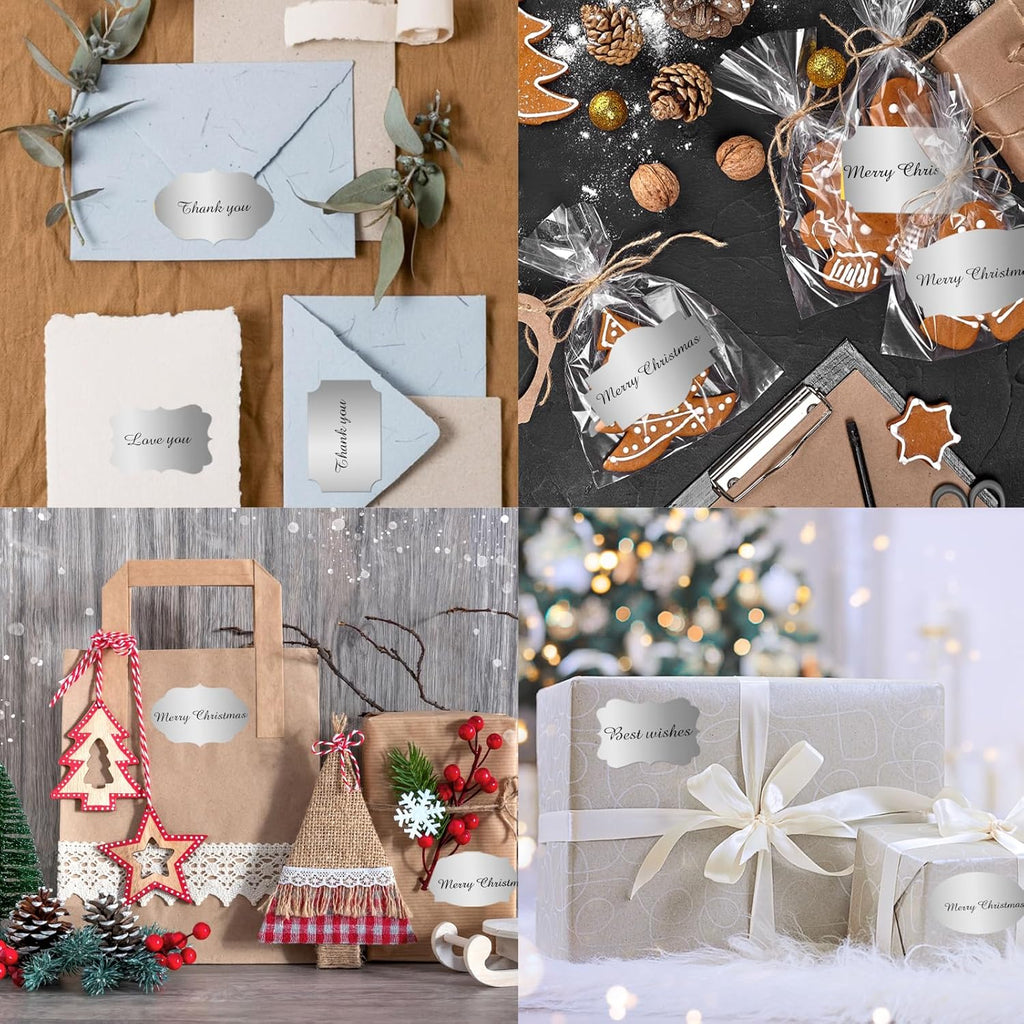 350 PCS Gift Tags Stickers, 2" x 1.2" Fancy Shape Stickers, Self-Adhesive, Handmade Bottle All-Purpose Jar Labels for Presents, Cosmetic Decoration Jars, Food Craft (Silver)