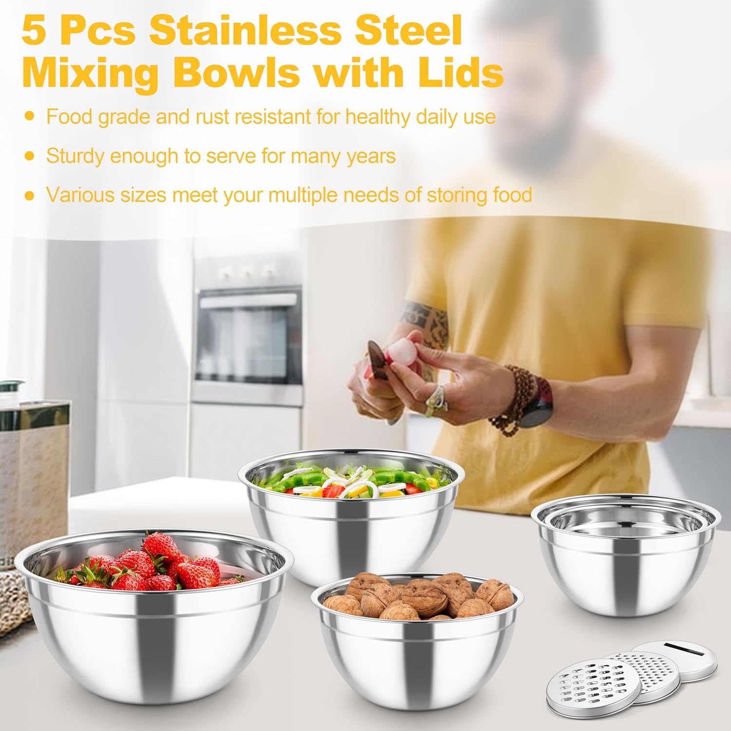 TeamFar Mixing Bowls, Stainless Steel Salad Serving Bowl with Clear Lids & 3 Graters, For Kitchen Cooking Prepping Storing, Size 4.6/2.6/1.5/1/0.7 QT, Nesting & Airtight, Set of 5 & Multicolor