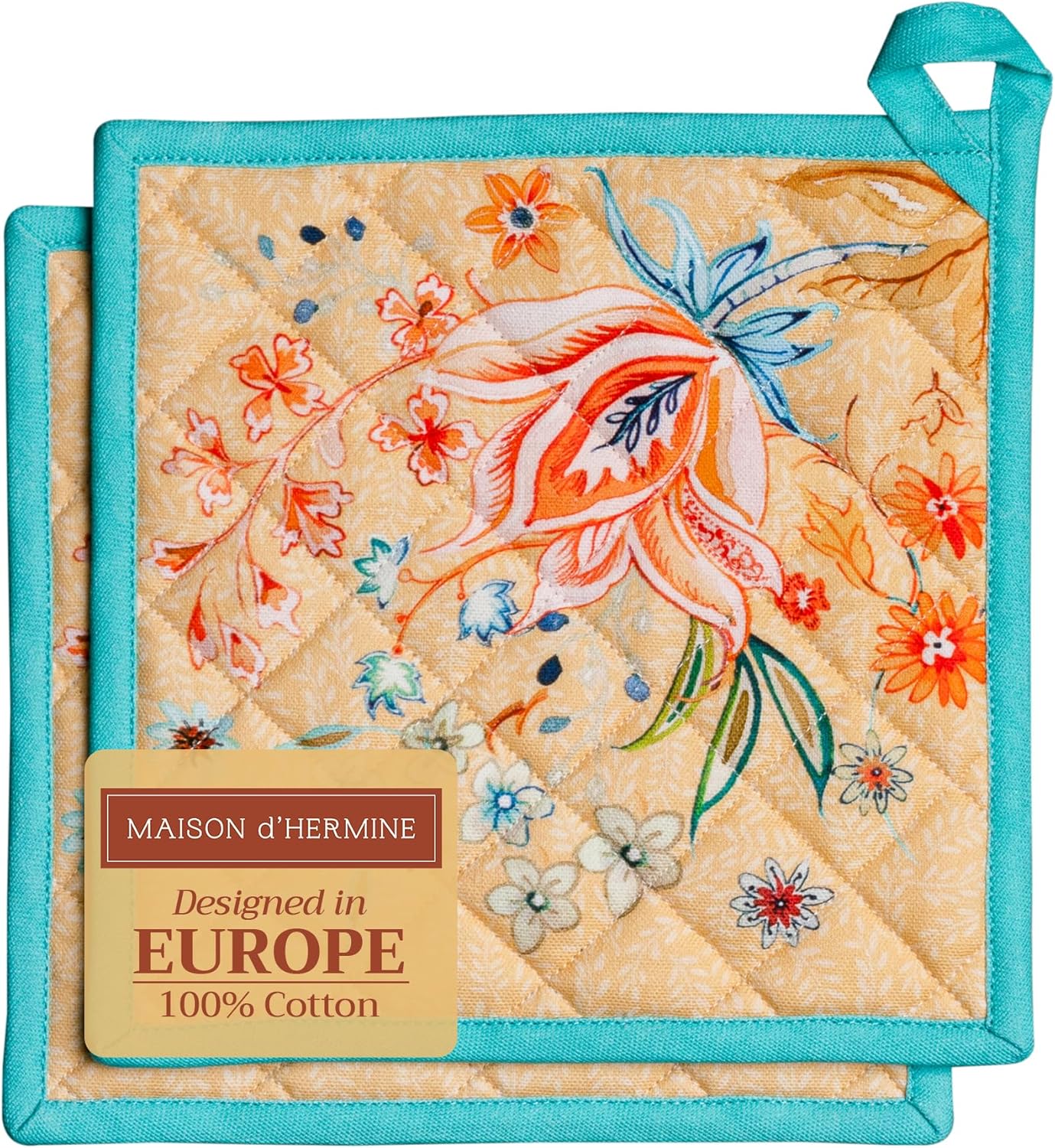 Maison d' Hermine Pot Holders Set 100% Cotton Heat Resistant Potholders 8" x 8" Hot Pads with Loop BBQ, Cooking, Grilling, Kitchen, Handling Hot Pans Spring/Summer (Pack of 2, Luxury Loft – Peach)