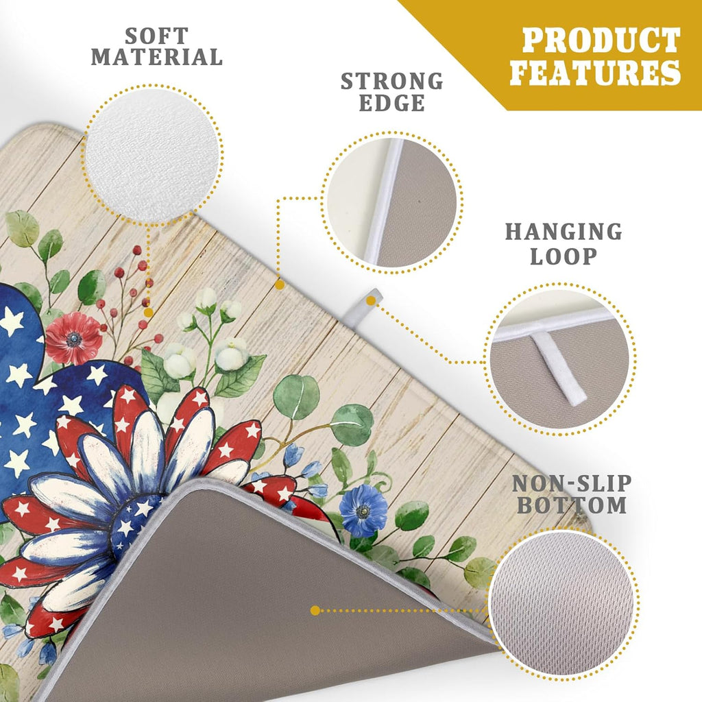 Independence Day Dish Drying Mat 18x24 inch Patriotic Love Heart Fast Dry Microfiber Dishes Drainer Rack Pad Kitchen Counter Accessories