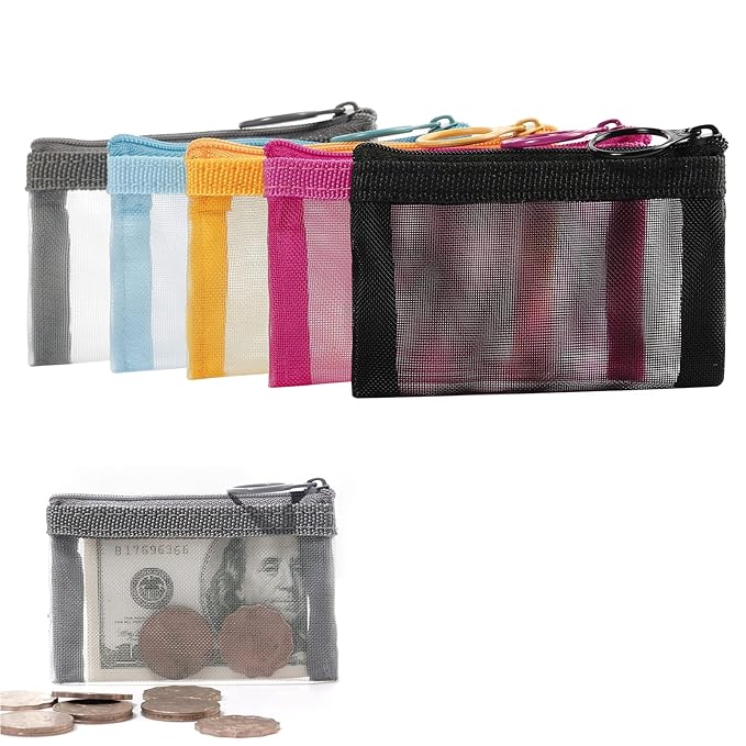 Patu Mini Zipper Mesh Bags, 3" x 4", Size XS / A8, 5 Pieces, Keychain Pouch Key Holder, Coin Purse, Clear Travel Kit Small Item Cosmetic Organizer, Assorted Colors