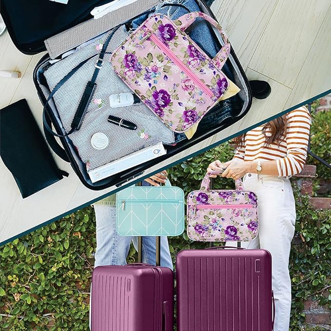 PAVILIA Hanging Toiletry Bag Travel Bag Women Men, Foldable Cosmetic Organizer, Roll up Makeup Bag, Water Resistant Accessories Toiletries, Large Travel Essentials Kit (Purple Floral)