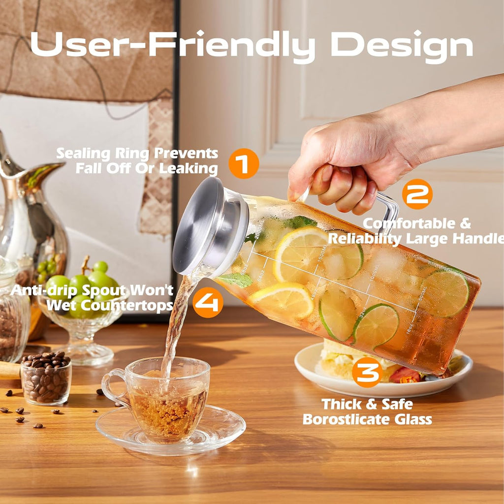 2 Liters/68oz 2 Pack Square Glass Pitcher with Lid and Handle for Bridge Door, Aofmee Borosilicate Glass Heat Resistant Dishwasher Safe Iced Tea Jar, Carafe with Scale Line for Hot/Cold Beverage
